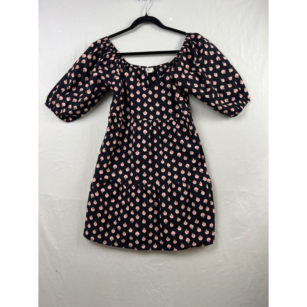 Billabong Floral Babydoll Mini Dress Womens M Black Pink Tiered Puff Sleeve